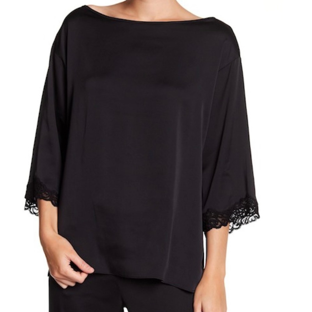 Natori Feathers Satin 3/4 sleeve Top, Black, Size XS NEW
